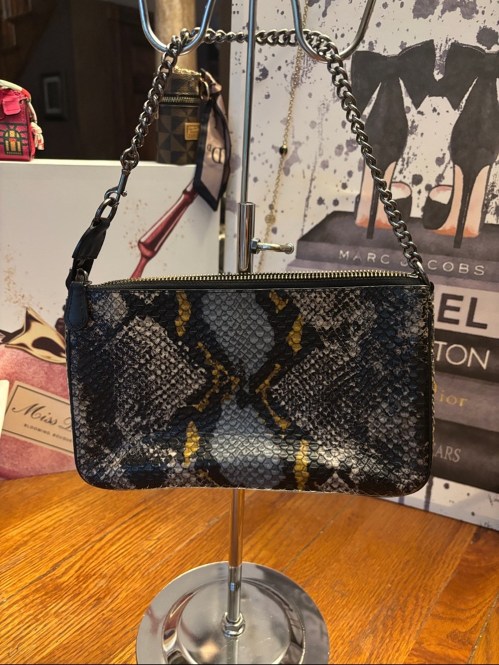 Coach 65393 Python Print Leather Wristlet/Clutch/small bag, Gunmetal Chain Strap - Picture 5 of 10